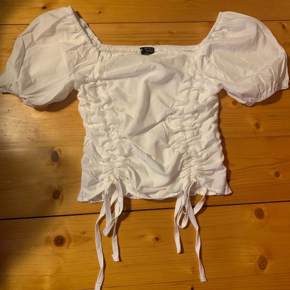 Shein white runched crop top with puffy sleeves